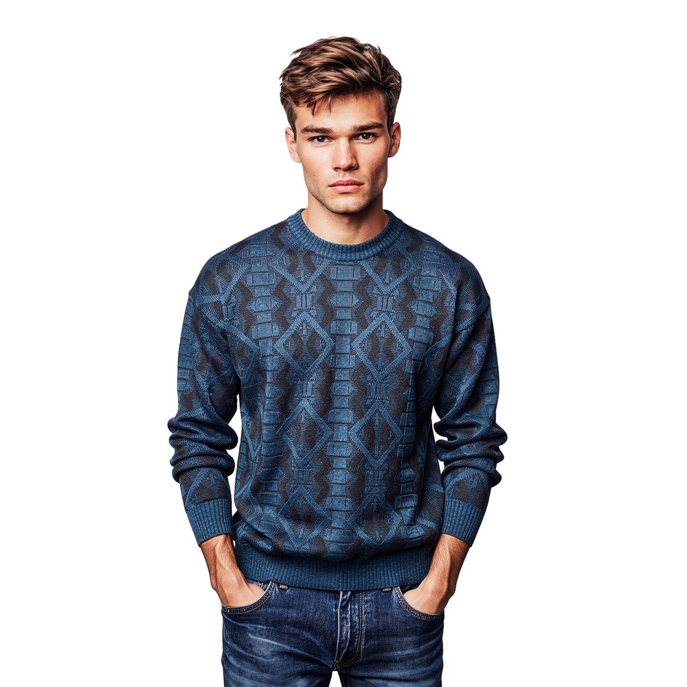 Progetto Made in Italy Vintage Mens Blue‎ Black Geometric Knit Sweater Large